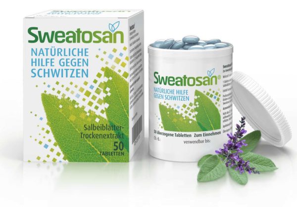 Sweatosan Verpackung mit Kapseln und Salbeiblättern